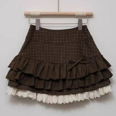 Ingvn  Brown Women Plaid Skirts Vintage Lace Patchwork Cute Fashion High Waist Layered Skirt Kawaii Lolita Sweet Mini Skirts