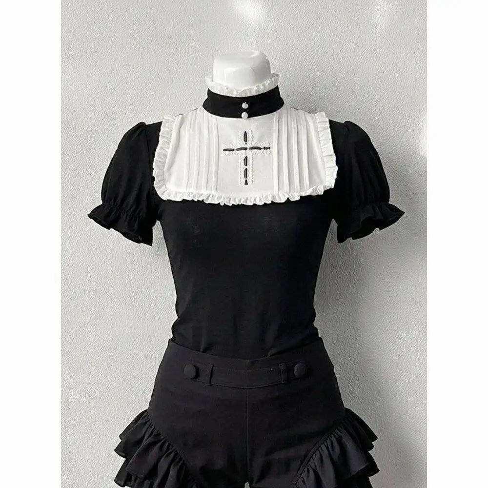 Ingvn  Gothic Vintage Two Piece Suit Women Japanese Lolita Slim Tops High Waist Black Shorts Y2K Girls Party Set chic