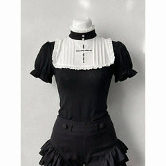 Ingvn  Gothic Vintage Two Piece Suit Women Japanese Lolita Slim Tops High Waist Black Shorts Y2K Girls Party Set chic