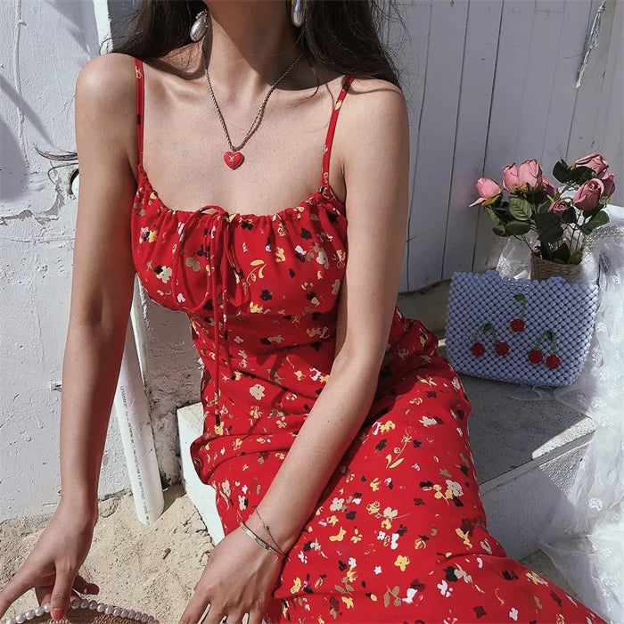 Ingvn  Retro Square Collar Floral Print Vacation Long Dress Women's Strapless Gown Chenopod Fabric Upgrade Spring Summer