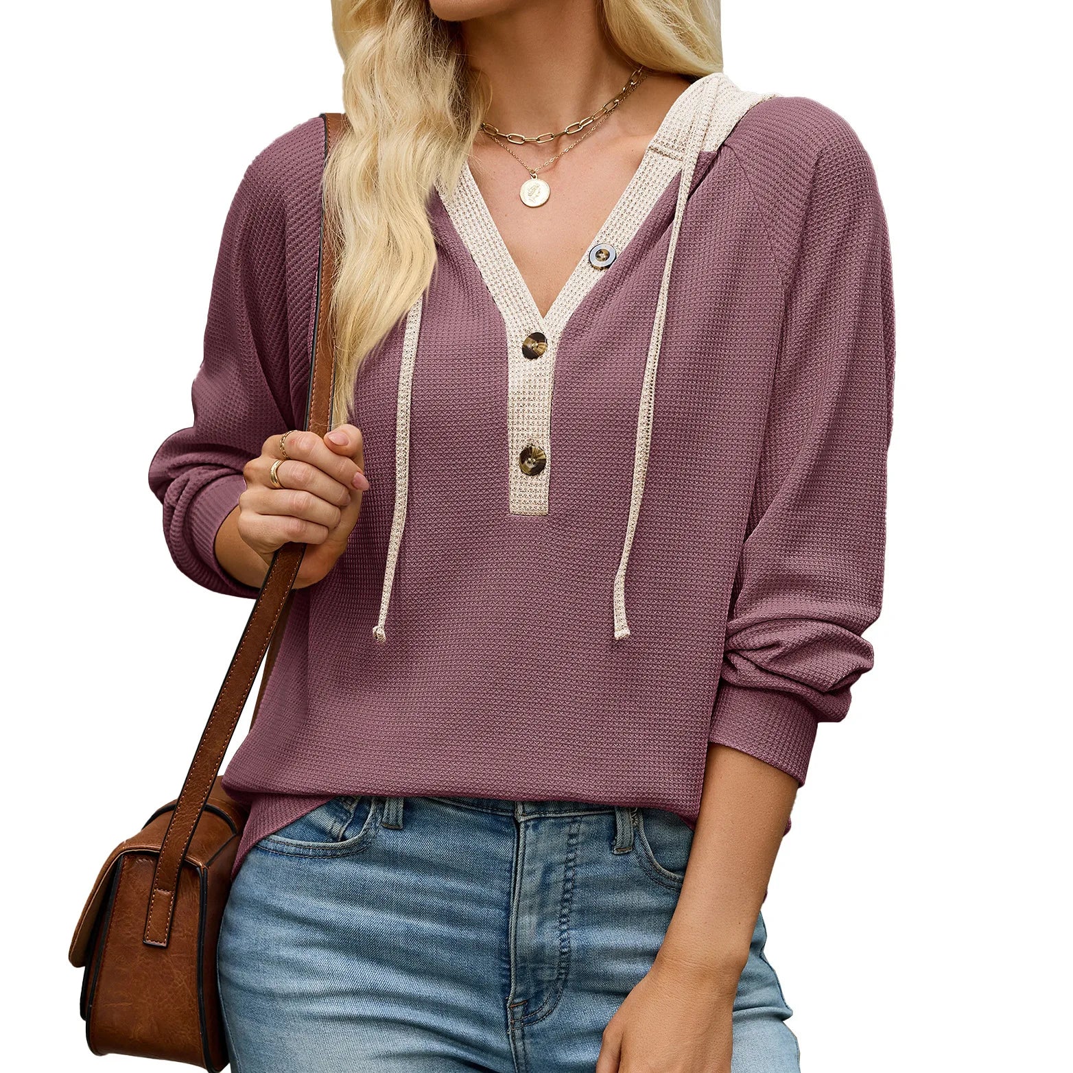 Ingvn  autumn/winter new solid color hooded button loose long sleeved hoodie for women Long-sleeved Sweatshirt for Women