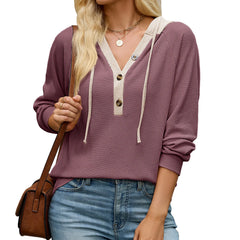Ingvn  autumn/winter new solid color hooded button loose long sleeved hoodie for women Long-sleeved Sweatshirt for Women
