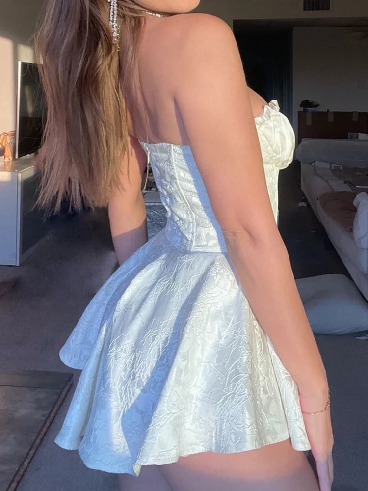 Ingvn  Women Hem Ball Gown Swing Party Skater Low Chest Dress Vestido Sexy Jacquard Satin Ruched Bra Corset style Strapless Mini Robe