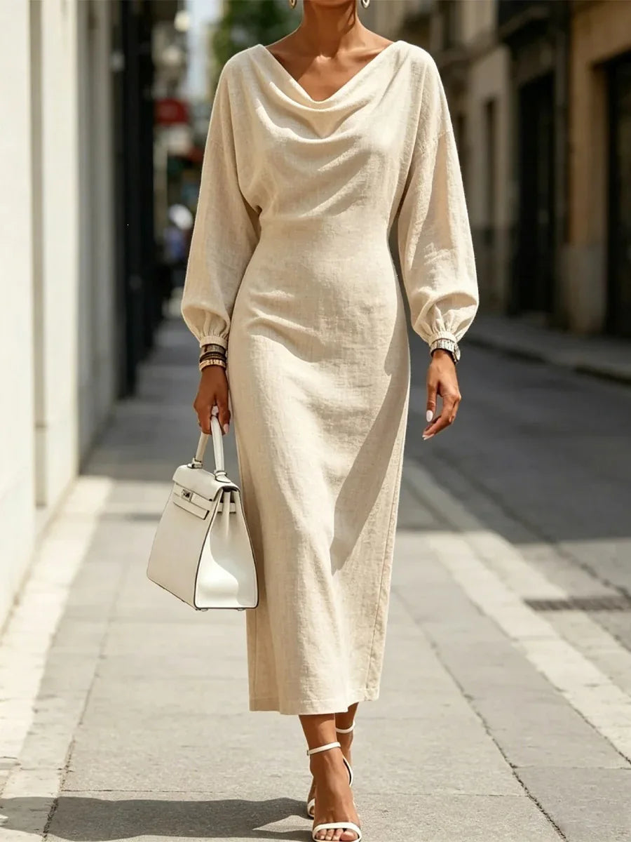Ingvn - Street Fashion Women's Slim Fit Dress Long Sleeve Daily Wear Summer Dress Gentle Style High Waist Batwing Sleeve