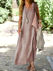 Solid Color V-Neck Maxi Dress - Fashionable Sleeveless & Loose Fit - Perfect for Summer & Spring - Womens Casual Everyday Wear