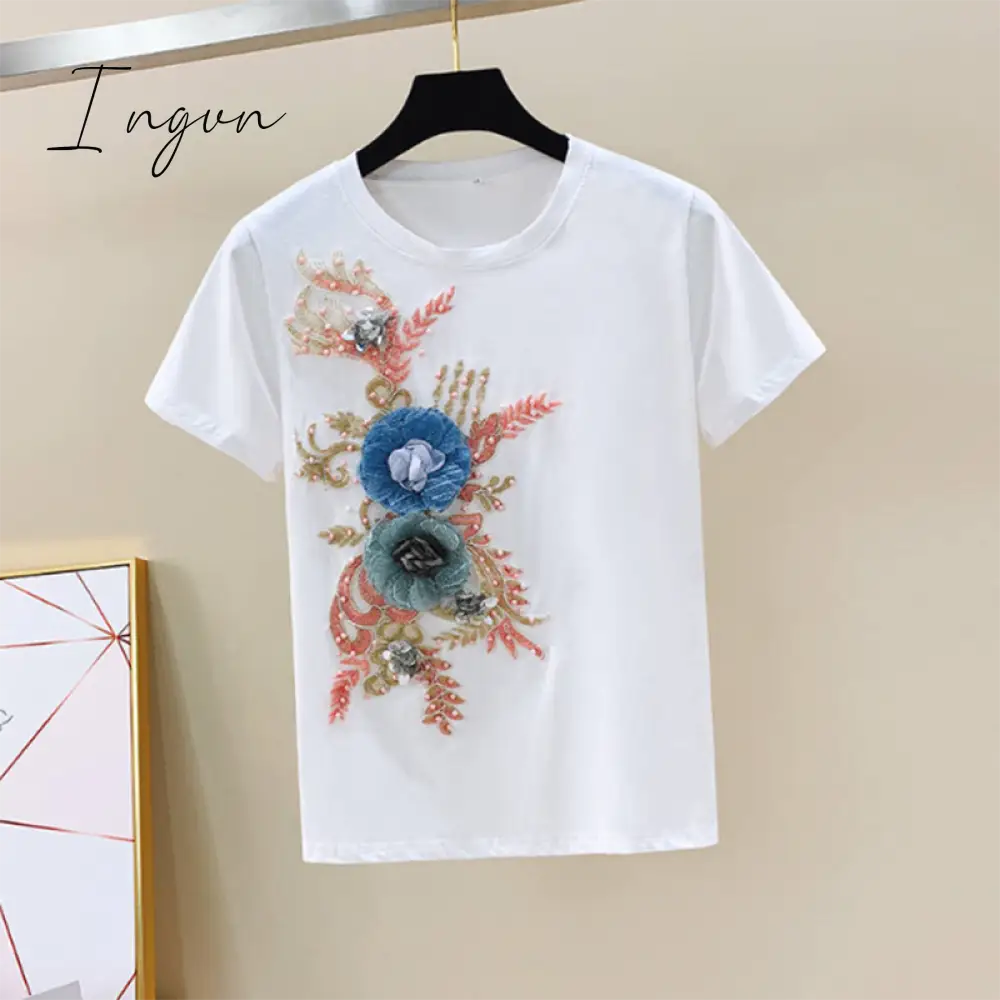 Ingvn - One-Piece/Set Summer New Women Denim Pants Beaded Embroidery Short-Sleeved + Small Feet Hole Jeans Female Two-Piece Suit425