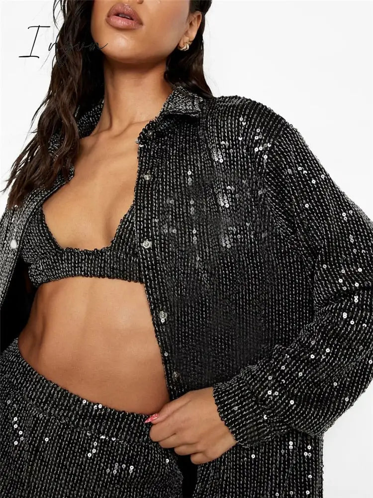 Ingvn - Sparkly Two-piece Set Party Outfits For Womens Sequin Top Blouse Shirt And Pants Suit Female Luxury Evening Tracksuit New
