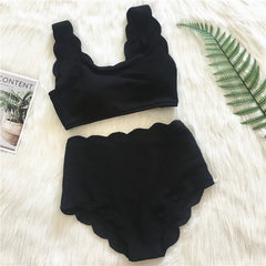 Voguable New Women Swimsuit Scalloped High Waist Bikini Set Solid Two Pieces Plus Size Swimwear Biquini Tankini