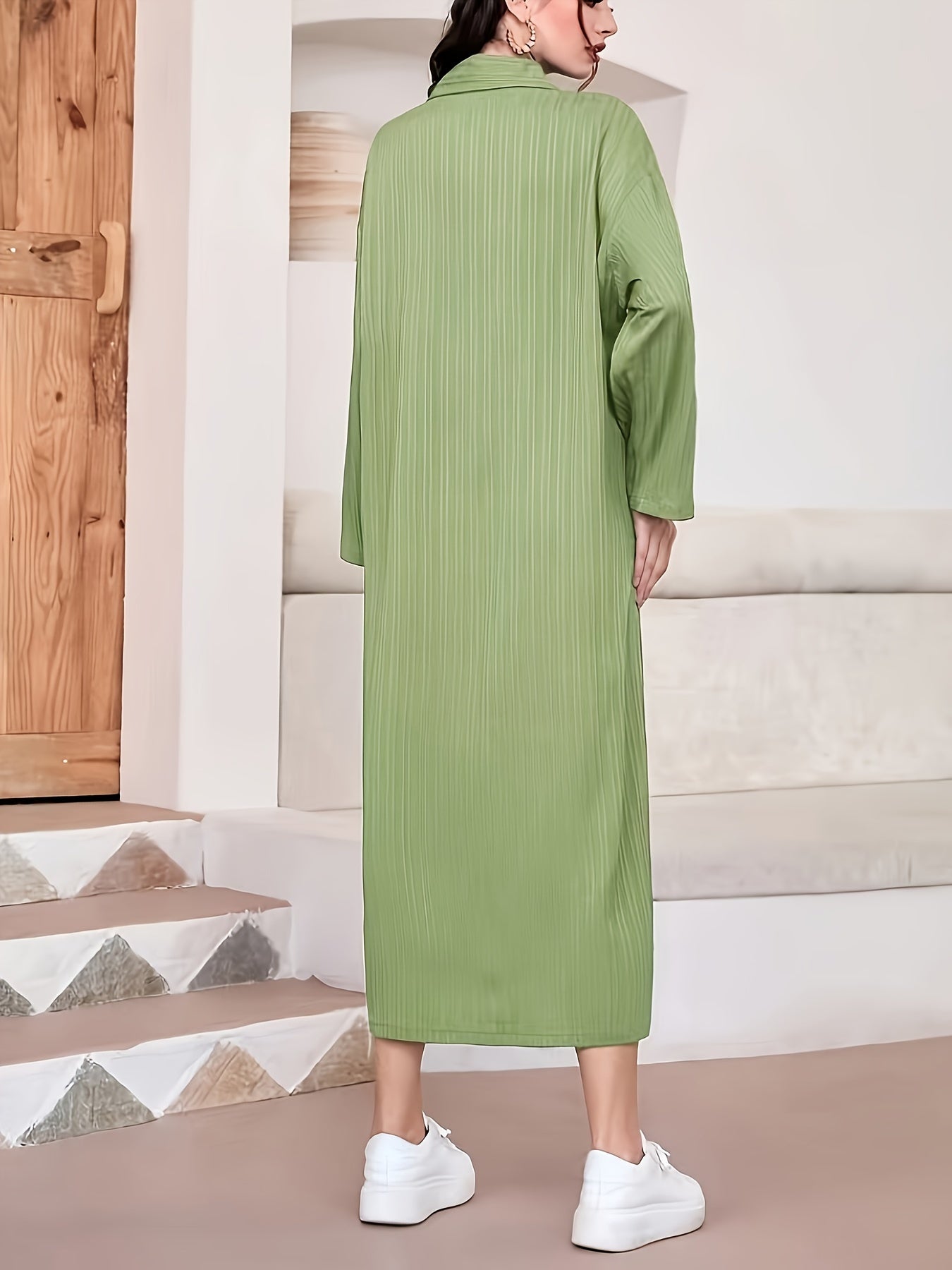 Elegant Women's Solid Textured Half Button Collared Midi Dress with Adjustable Long Sleeves for Spring & Fall