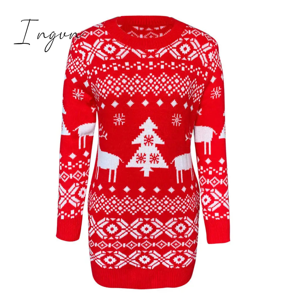 Ingvn - Fashion Autumn Winter Long Sleeve Loose Christmas Dresses Ladies Christmas Print A-line Mini Dress tops New Women