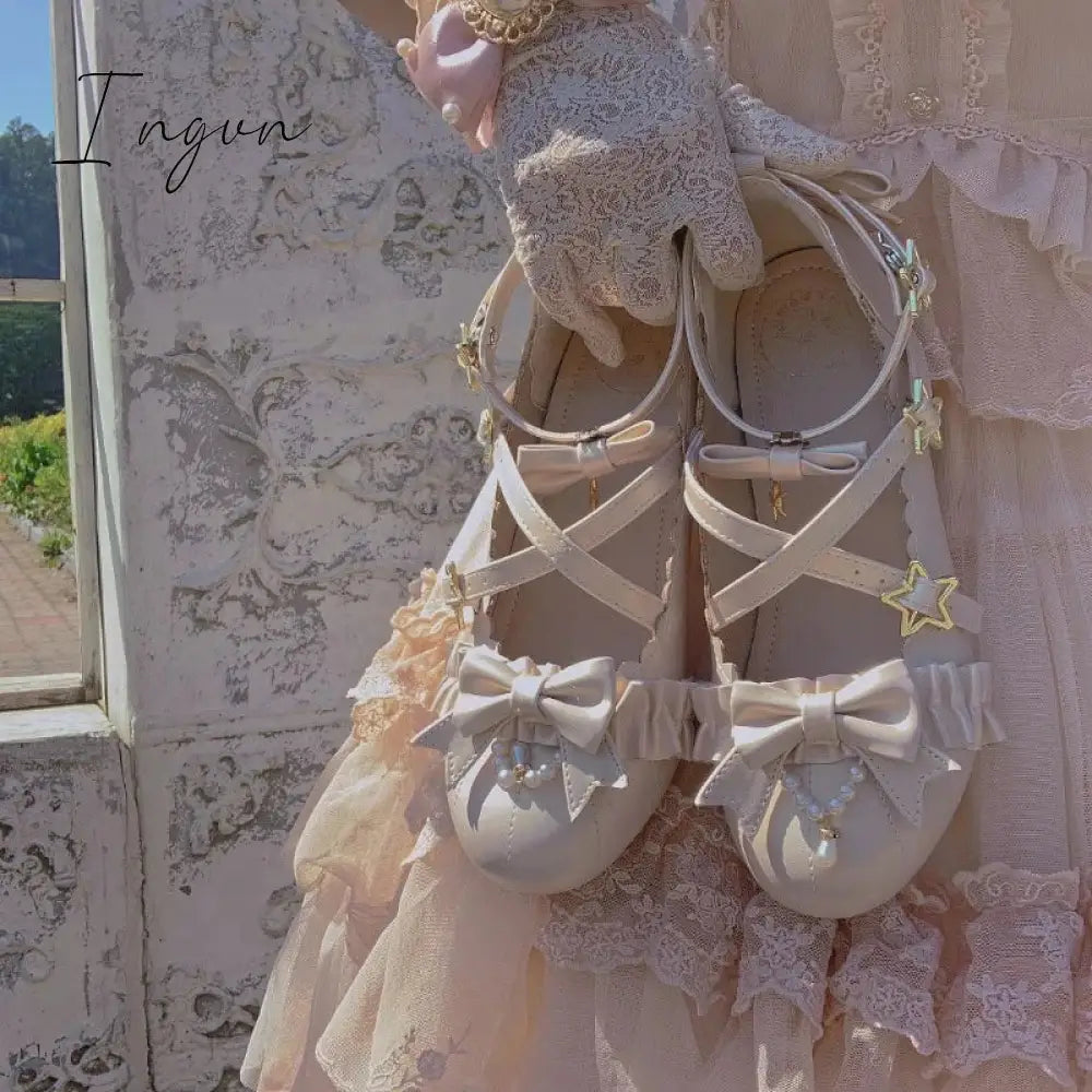Ingvn - Sweet Lolita Shoes Vintage Round Head Middle Heel 3-5cm Women Shoes Cute Bowknot Cross Bandage Kawaii Shoes Loli  Kawaii Girl