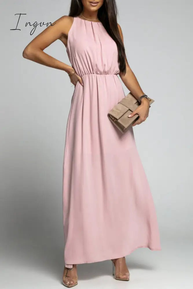 Ingvn - Elegant Solid Backless Slit O Neck Sleeveless Dress Dresses