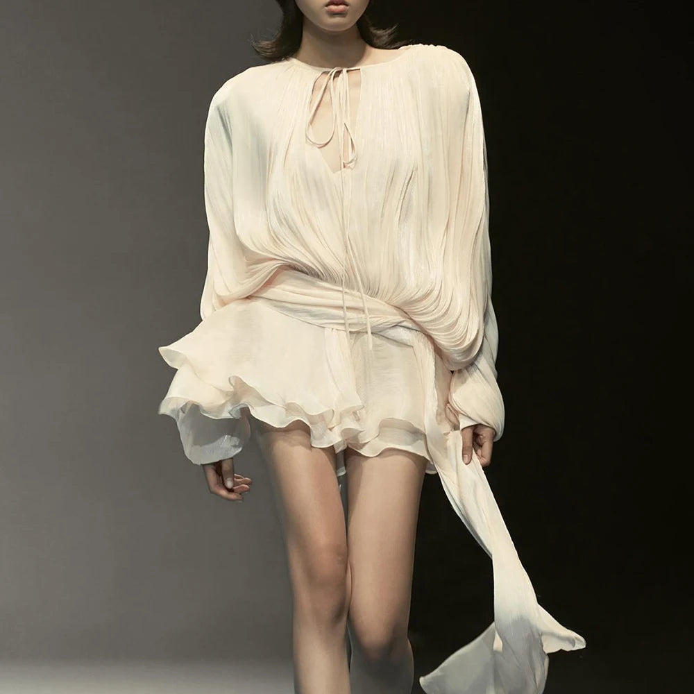 Minimalist Solid Loose Short Dresses For Women Round Neck Long Sleeve High Waist Spliced Lace Up Chic Dress Female Fashion