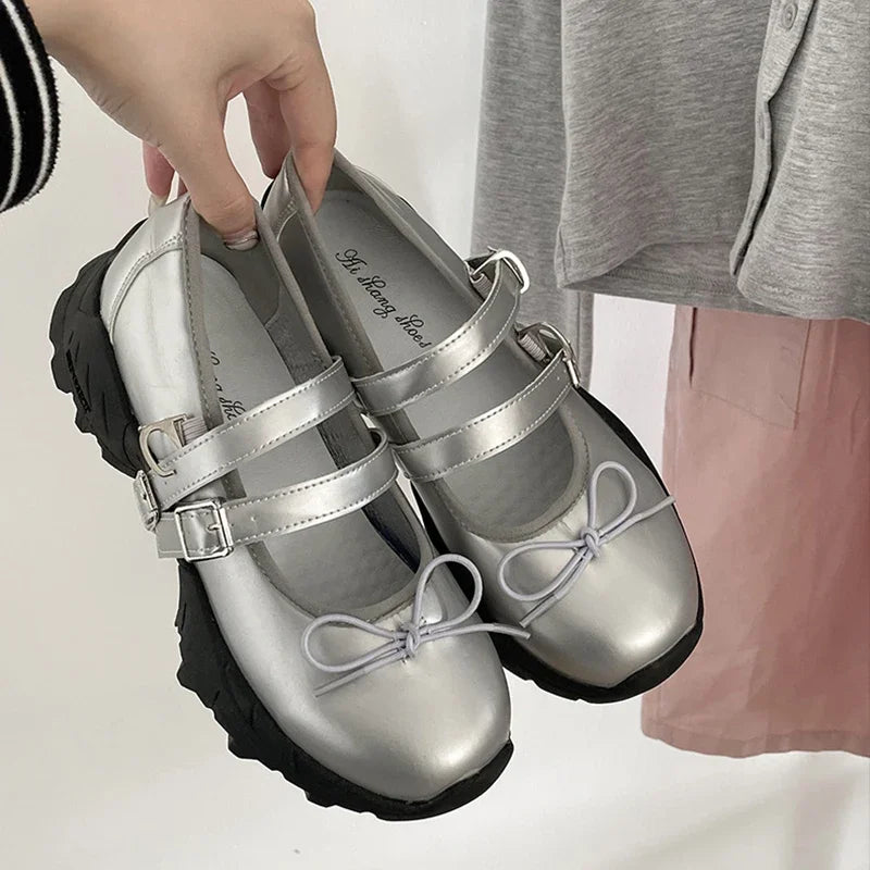 Ingvn  Chunky Women Mary Jane Shoes Fashion Elegant Shallow Butterfly-knot Shoes Ladies Outdoor Street Style Thick Heel Shoes