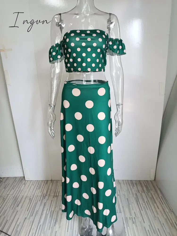 Ingvn - Polka Dot Print Maxi Skirt Suit Women Summer Print Cropped Top Sexy Side Split High Waist Skirt 2 Piece Sets Woman Beach Outfits