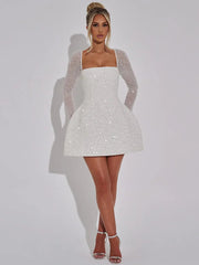 Sequins Long Sleeve Backless Sexy Mini Dress Women Robe Fashion Sparkle Lace-up High Waist A-line Club Dress Vestido
