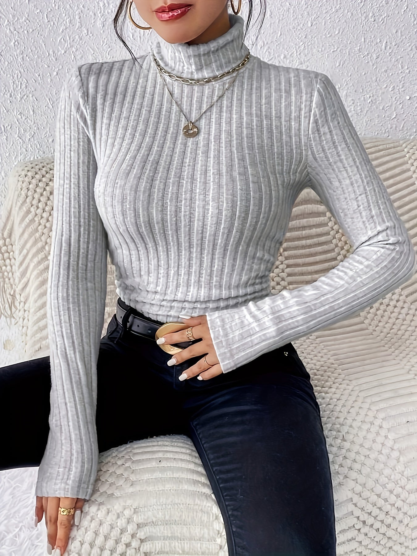 Stylish Ribbed Turtleneck Sweater for Women - Soft, Long Sleeve, Solid Color, Machine Washable, Breathable, and Comfortable - Perfect for Fall and Winter Seasons