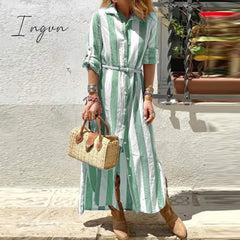 Ingvn - 2023 Fashion Trends Autumn Casual Long Sleeve Office Shirt Dress Elegant Striped Print Single-Breasted Long Dress Women Lapel Harajuku Loose Dresses