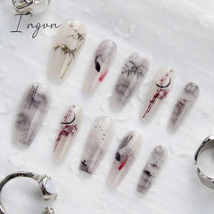 10PCS Chinese Style Fake Nails with Glue Sfumato Ink Long Nails Set Press on Acrylic Stick on False Nails Art