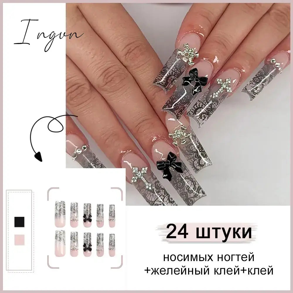 24pcs Artifical Bails With Glue Fake Nail Tips With Design Detachable Press On Nails Long Fake Nail Finished Nail Piece Sticker