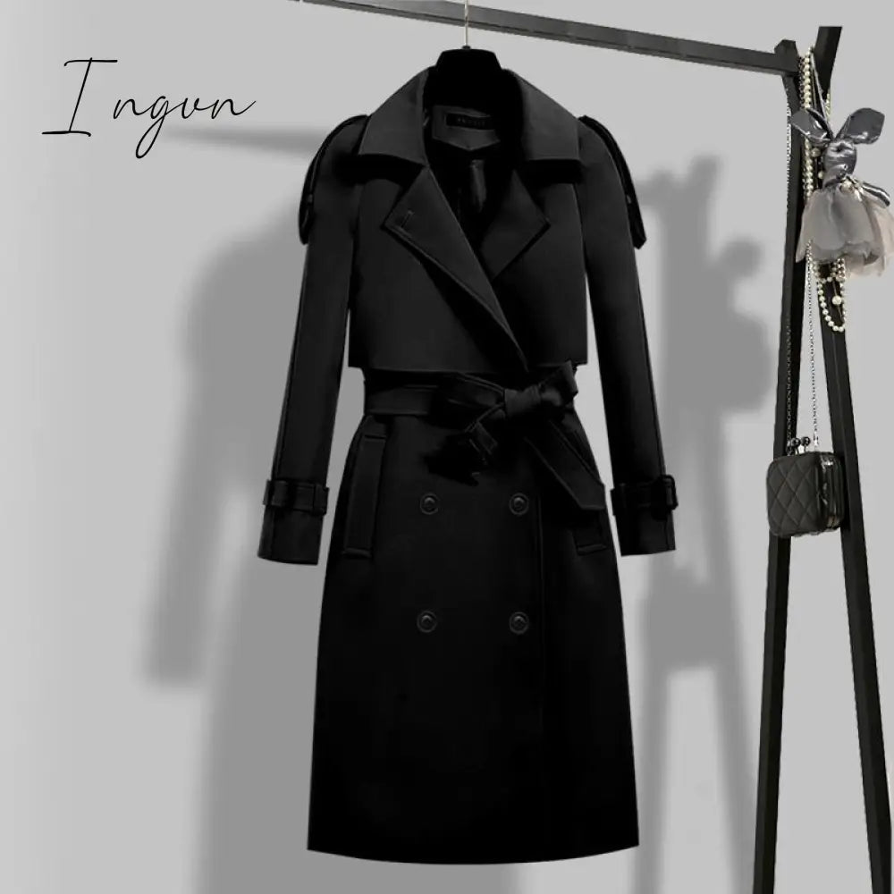 Ingvn - Women Trench Coat Solid Double Breasted Trench Autumn Winter Elegant Vintage Turn-down Collar Warm Windproof Trench with Belt