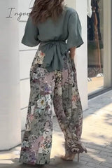 Ingvn - Casual Print Fold V Neck Half Sleeve Two Pieces