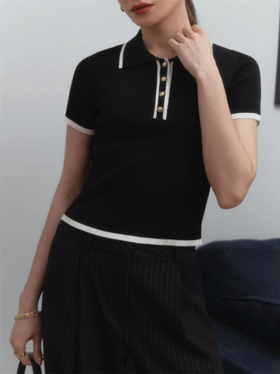 Ingvn  Knit Sweater Pullover Women Short Sleeve Patchwork Slim  Elegant Contrast Knitwear Top Female Skinny Ribbed Pullover