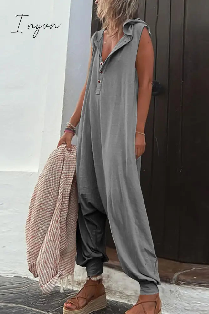 Ingvn - Casual Solid Buckle Hooded Collar Loose Jumpsuits(10 Colors)