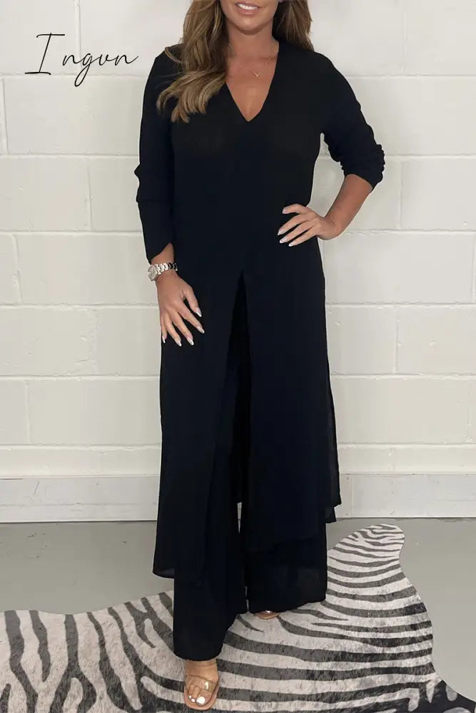 Ingvn - Casual Simplicity Solid Slit V Neck Long Sleeve Two Pieces(6 Colors)