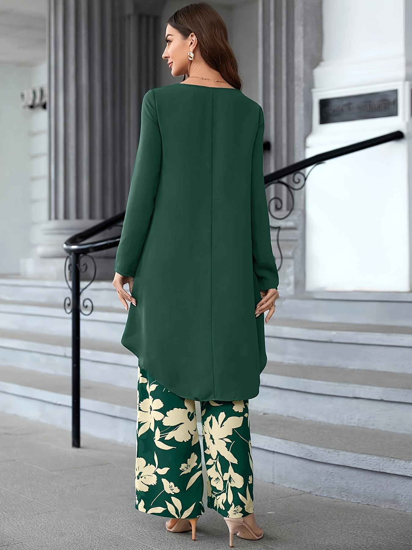 Two Piece Set: Solid Long Sleeve Crew Neck Top & Floral Print Wide Leg Pants for Spring & Fall, Women's Elegant Outfits