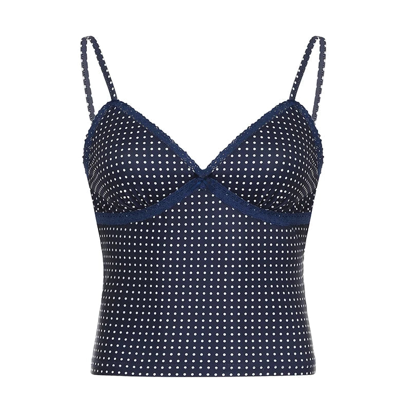 y2k Polka Dot Crop Top Casual Lace Stitching Sleeveless Skinny Strap Tops Women Basic Camisole Streetwear Tees Aesthetic