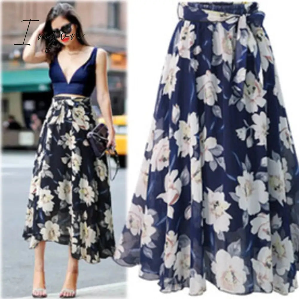 Ingvn - New Plus Size Women Chiffon Skirt Europe Fashion Bow Saia Midi Lining Jupe Femme Lace Up Falda Mujer Summer Print Floral Skirts