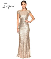 Ingvn - Rose Gold Cheap Mermaid Dresses Short Sleeves Backless Long Beach Sequins Wedding Party Maid of Honor Dress