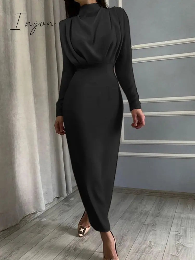 Ingvn - Elegant Women Dress Stand Collar Slim Waist Solid Blue Ankle Length Autumn Long Sleeve Casual Party Dress Fashion