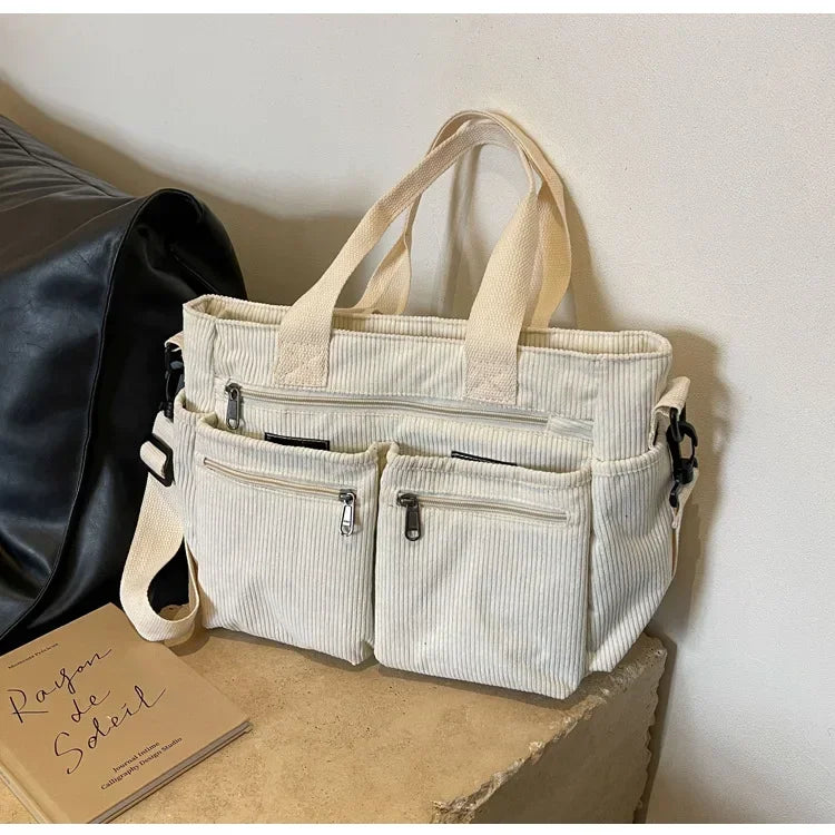 Ingvn  Casual Corduroy Messenger Bags Large Capacity Commuter Mummy Portable Shoulder Bag Multi Layers Camping Tote Bags