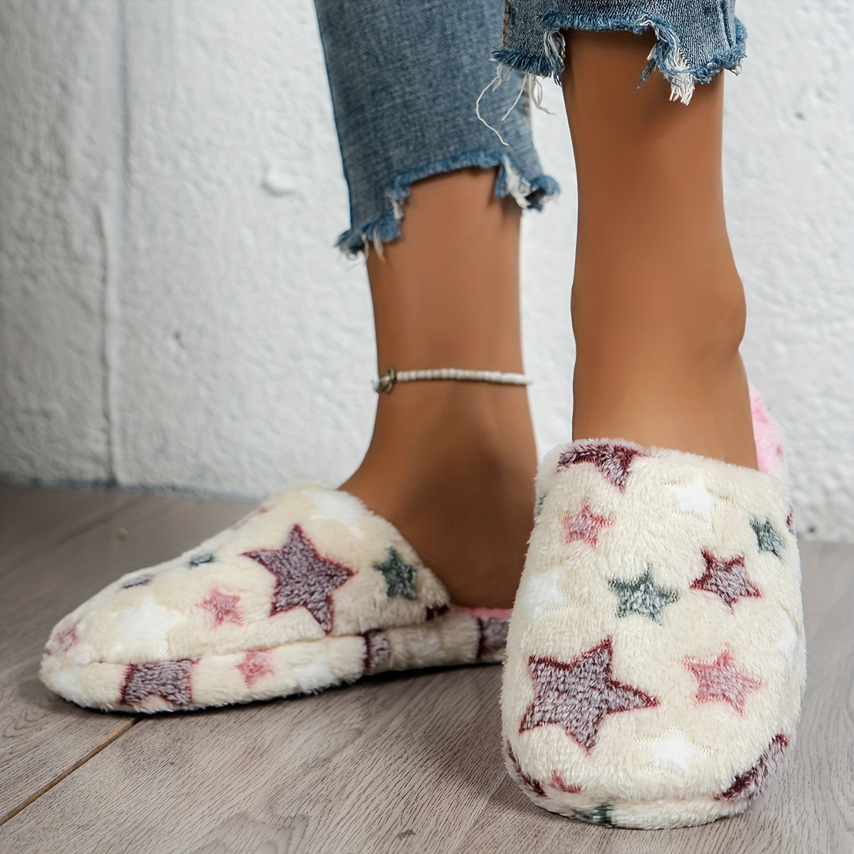 Warm Star Pattern Slippers, Casual Slip On Plush Lined Shoes, Comfortable Indoor Home Slippers