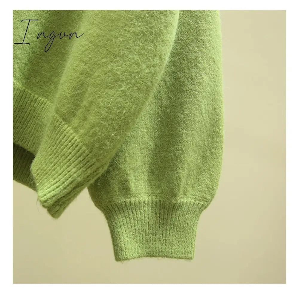 Ingvn - Oversized Cardigan Women Spring Casual Solid V Neck Long Sleeve Cardigan Sweater Female Knit Jacket Coat Green Pink