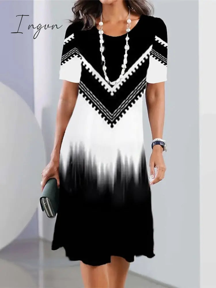 Ingvn - Women's Casual Dress Summer Dress Print Dress Geometric Color Block Print Crew Neck Mini Dress Fashion Streetwear Outdoor Daily Short Sleeve Regular Fit Black And White Black White Summer Spring S M
