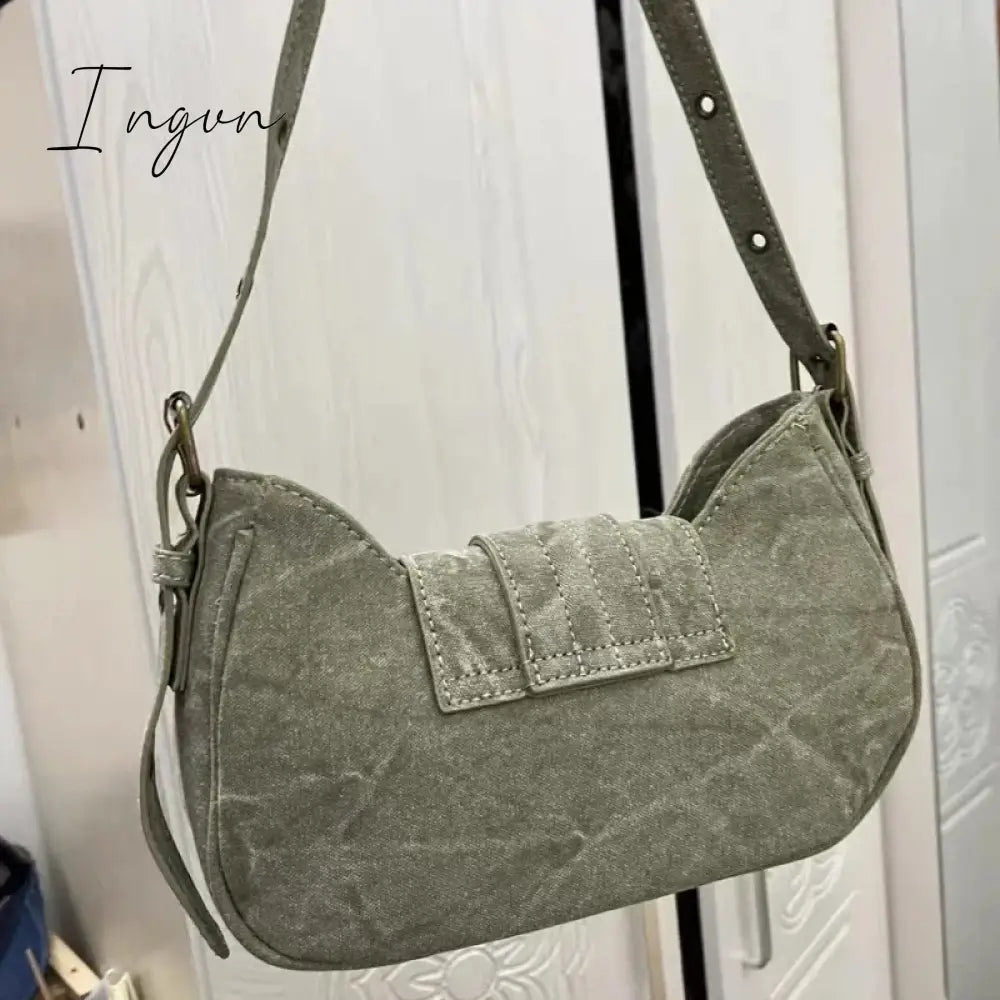 Ingvn - Y2k Vintage Shoulder Bag American Street Style Rivets Green Canvas Handbag Gothic Punk Biker Cool Designers Underarm Bag