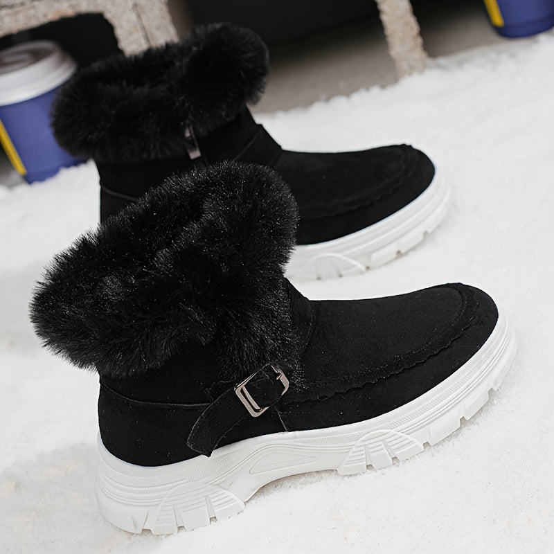 Cozy Winter Women's Snow Boots - Thick, Warm Plush Lining with Anti-Slip Sole, Round Toe Zipper Design, Fashionable Flat Heel