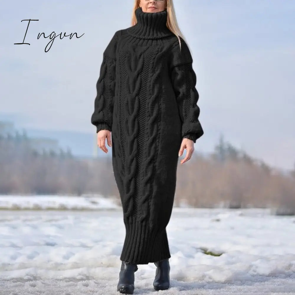 Ingvn - Sweater Dress Women Long Sleeve High Neck Knitted Pullover Dress Soft Warm Solid Color Oversize Bodycon Jumper Female Dress