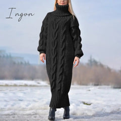 Ingvn - Sweater Dress Women Long Sleeve High Neck Knitted Pullover Dress Soft Warm Solid Color Oversize Bodycon Jumper Female Dress