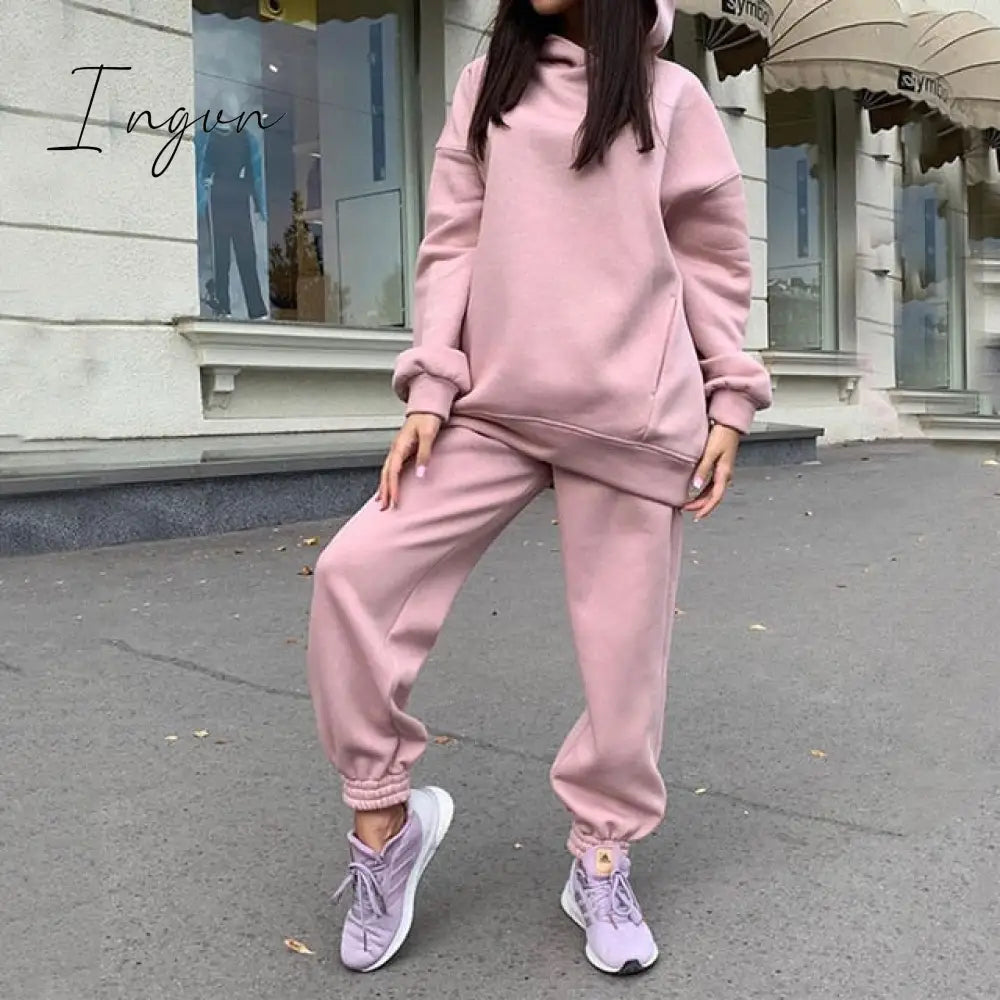 Ingvn - Women Elegant Solid Sets For Women Warm Hoodie Sweatshirts And Long Pant Fashion Two Piece Sets Ladies Lace Up Sweatshirt Suits