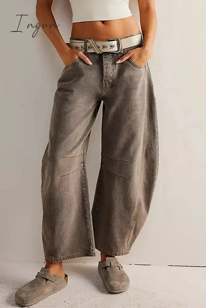 Ingvn- Casual Vintage Solid Pocket Without Belt Mid Waist Loose Denim Jeans(No Belt)