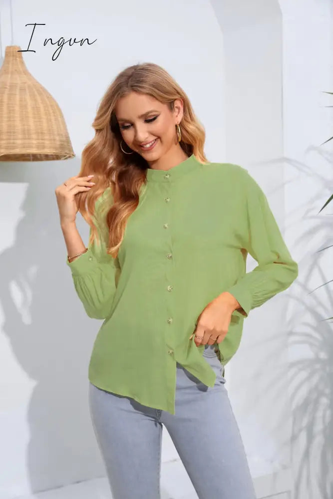 Ingvn - Mock Neck Buttoned Long Sleeve Shirt