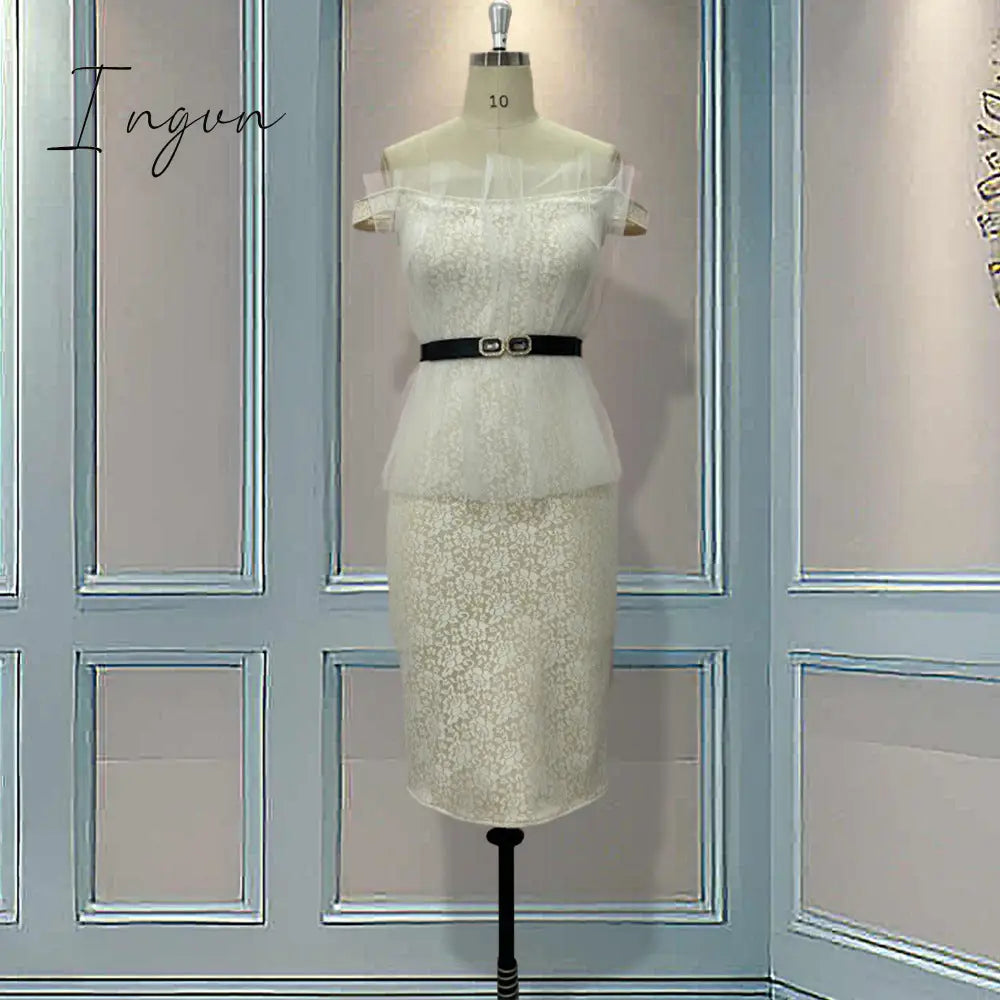 Ingvn - Evening Party Date Women White See Through Hollow Out Floral Lace Bodycon Dress Office Lady Spring Summer Work Basic Dresses