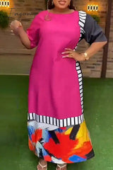 Ingvn - Blue Casual Striped Color Block Patchwork O Neck Long Dress Plus Size Dresses