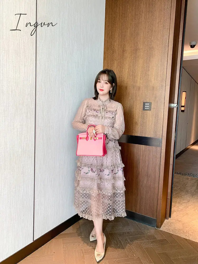Ingvn - Spring Outfits Designer Runway Party Evening Midi Long Dresses For Women Ruffles Embroidery Floral Elegant Traf Chic Ladies Vestidos Femme Robe