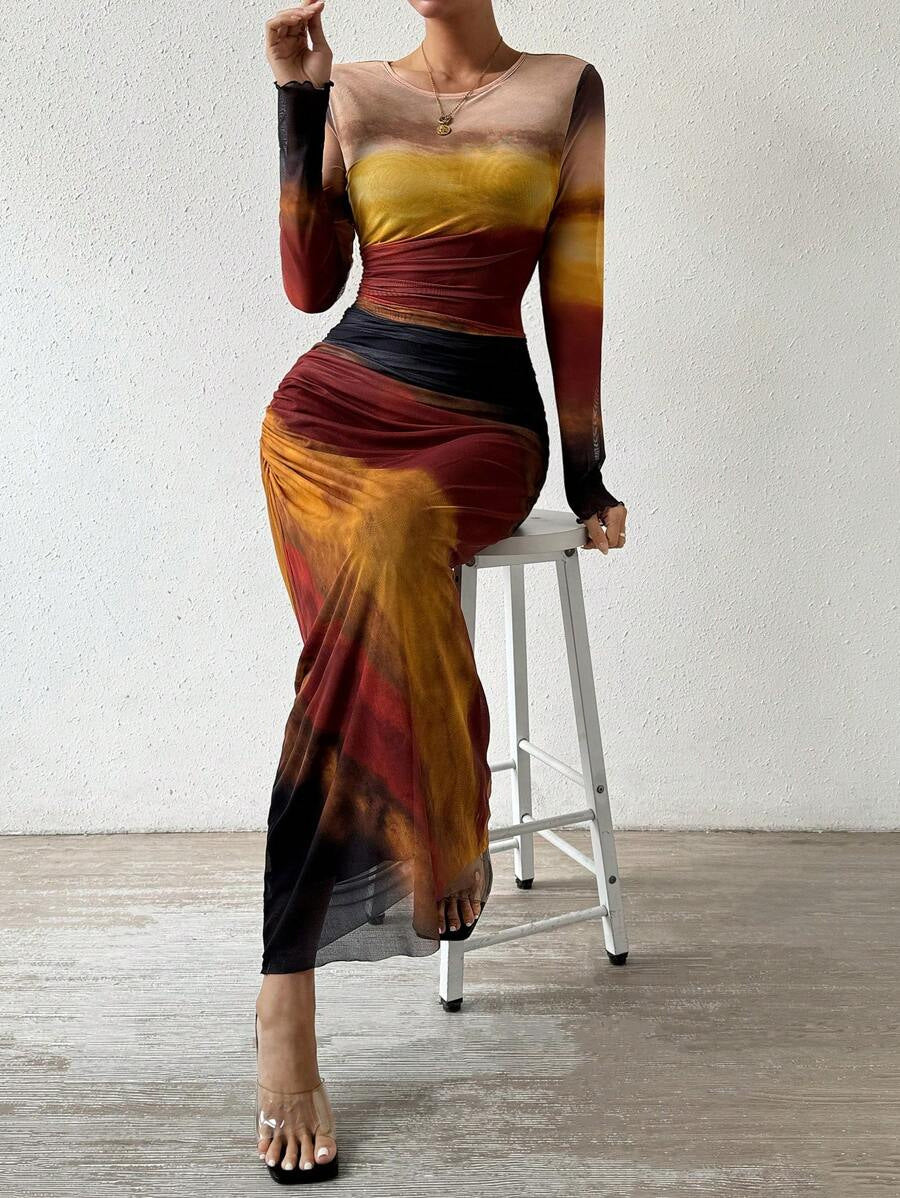 Fashion Mesh Printing Pleated Sexy Tight Split Crewneck dress