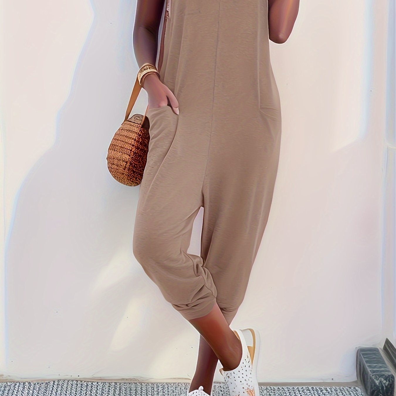 Solid Patched Pockets Overall Jumpsuit, Versatile V-neck Overall Jumpsuit For Spring & Summer, Women's Clothing